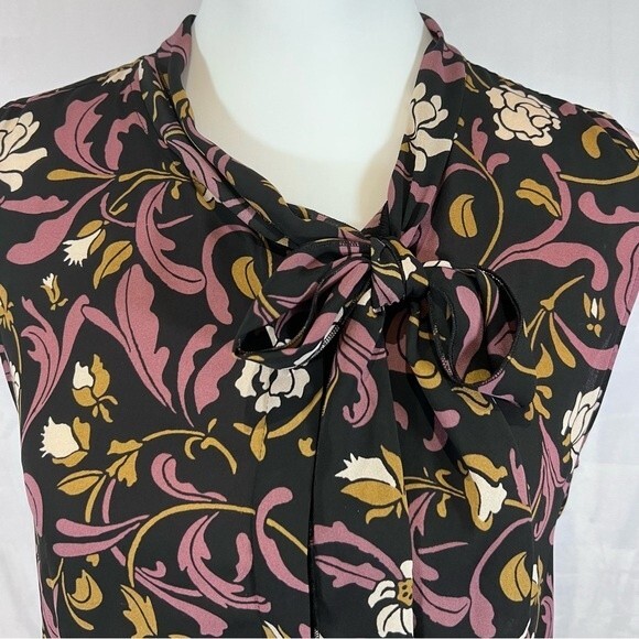 Ann Taylor Loft black and wine tie neck button down blouse size medium - Picture 2 of 6